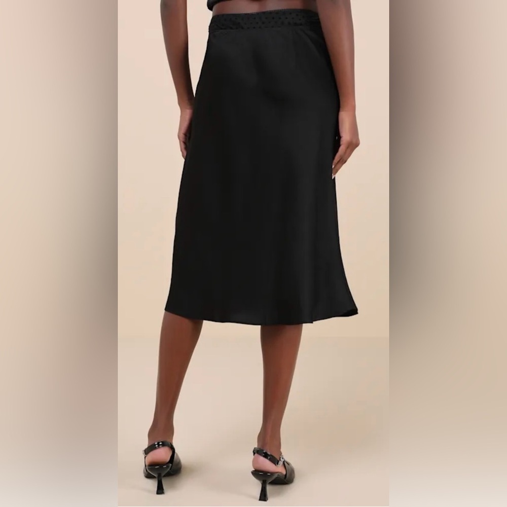 NWT Lulus Mira Black Satin Polka Dot Mesh Midi Skirt - Picture 2 of 6